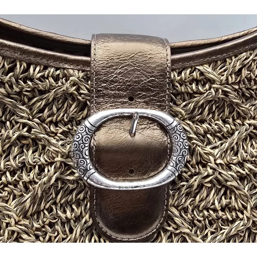 BRIGHTON VINTAGE Woven Straw Shoulder Hobo Bag Bronze Leather Trim Charm